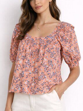 Cleobella Floral Puff Sleeve Blouse Romantic Boho Cotton Top Coquette